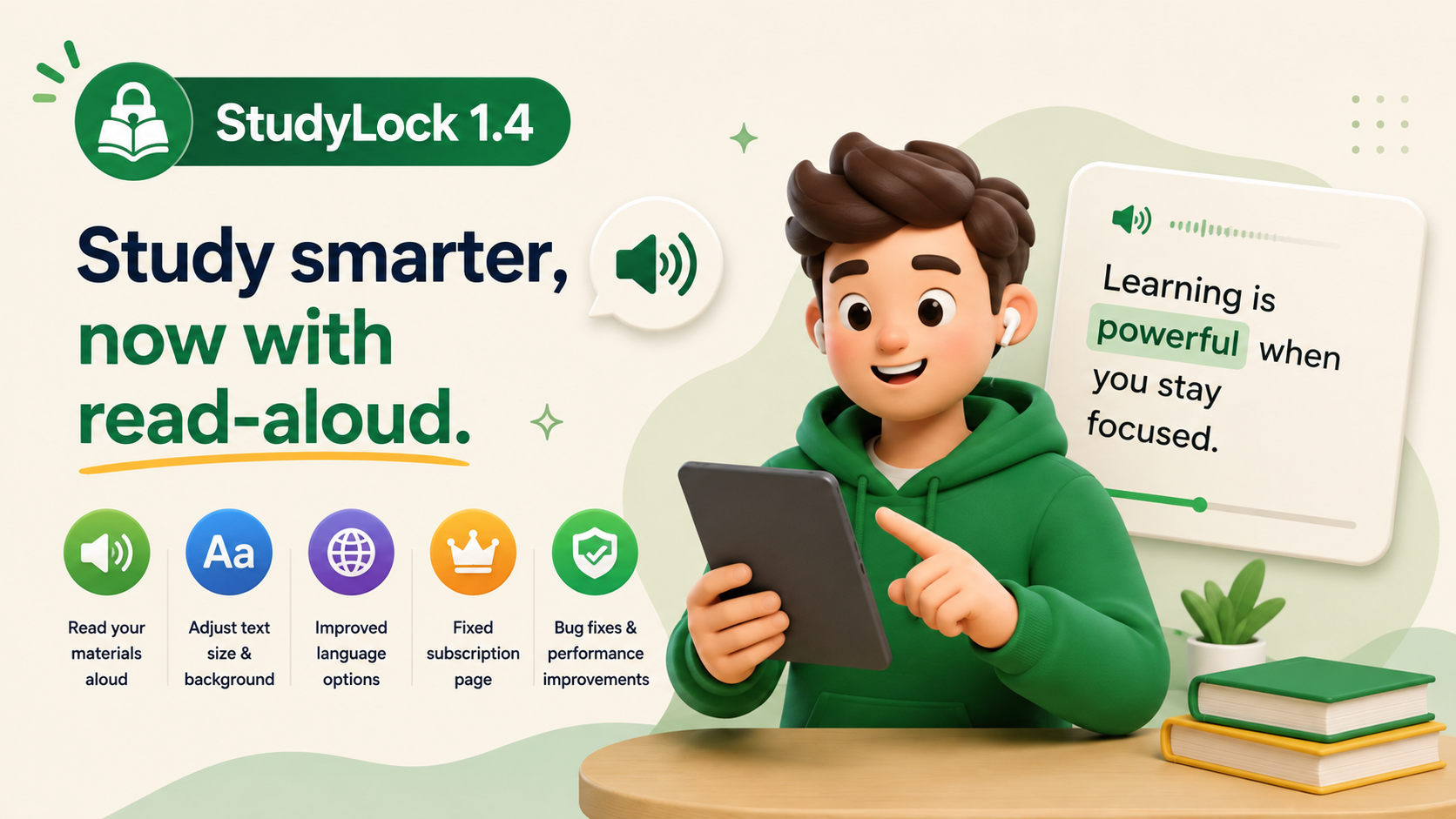 StudyLock 1.4 read aloud, word highlighting, and reading controls update