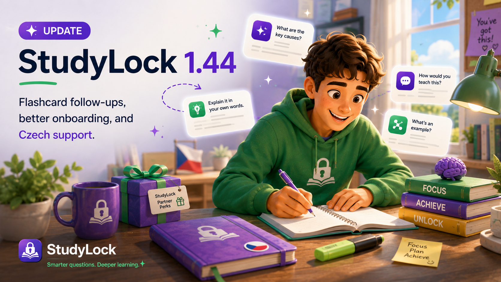StudyLock 1.44 flashcard follow-ups, Czech support, and onboarding update