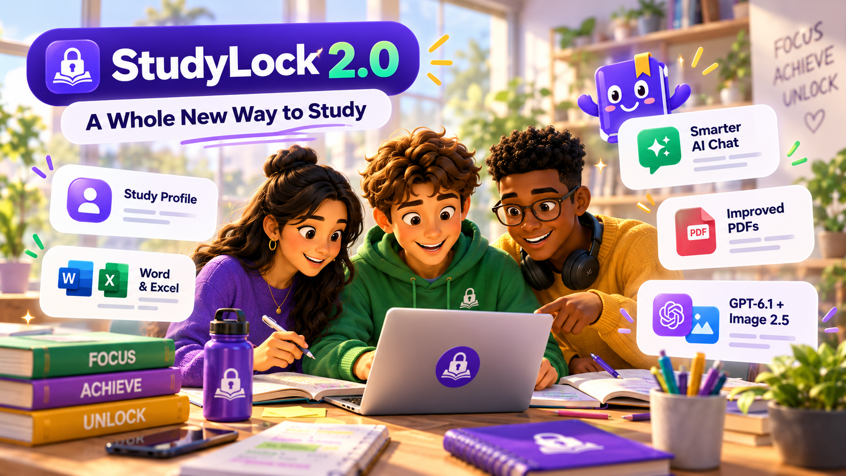 StudyLock 2.0 — A Whole New Way to Study, featuring a redesigned experience, Study Profile, Word and Excel support, and smarter AI